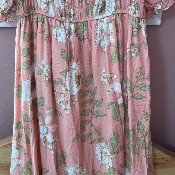 Blu Pepper Peach Coral Floral Square Neck Puff Sleeve Cottagecore Midi Dress - Picture 7 of 9